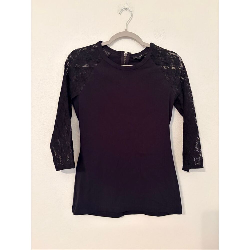 Express Black Lace Sleeve Top Medium 3/4 Sleeve Zip Back Stretch Blouse